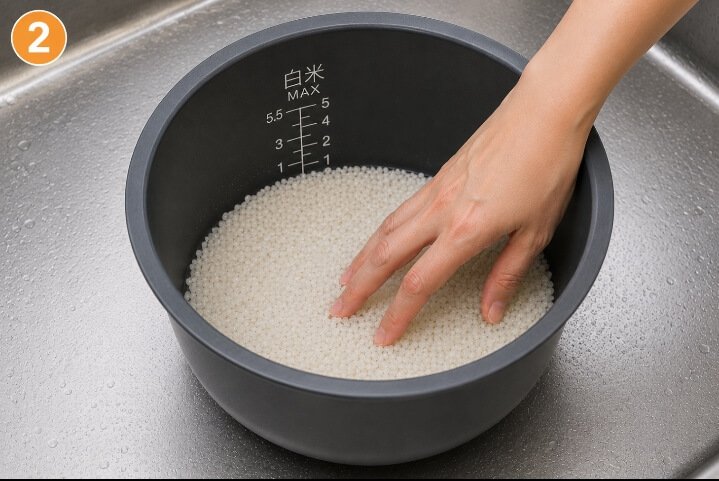 Mescolare delicatamente il riso con poca acqua